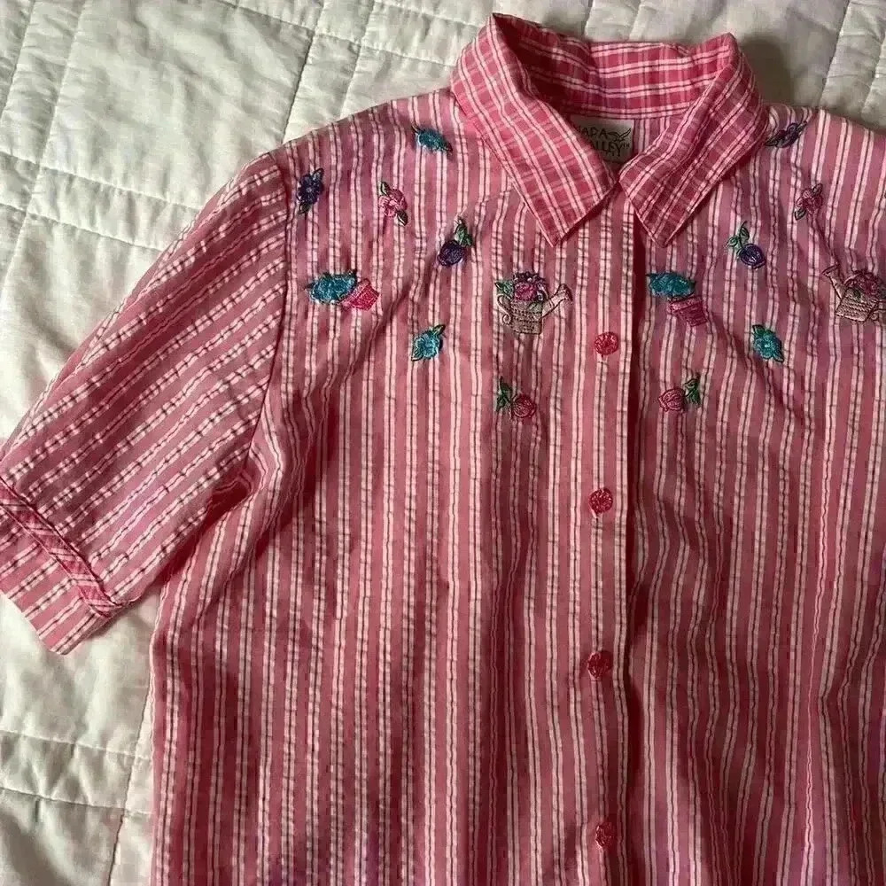 Vintage Napa Valley gingham striped picnic pink shirt and pants set small floral
